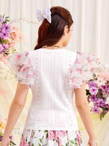 SHEIN Teen Girls' Organza Flower Printed Layered Ruffle Sleeve Textured Knit T-Shirt