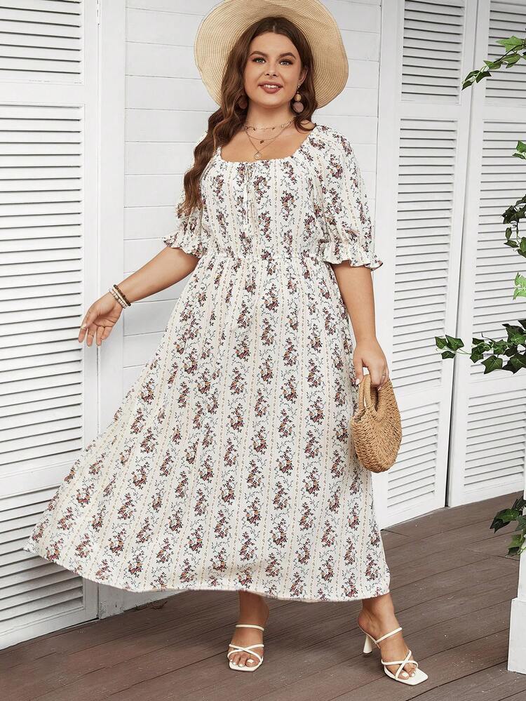 Plus Size Floral Print Ruffle Sleeve Dress