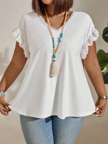 EMERY ROSE Plus Size Lace Decorated V-Neck Eyelet Ruffle Sleeve T-Shirt