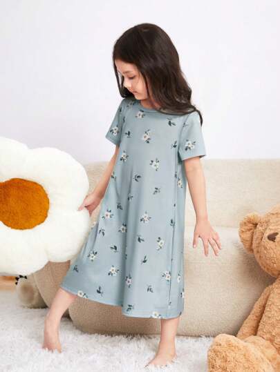 SHEIN Young Girls' Loose Fit Casual Round Neck Short Sleeve Floral Print Homewear/Nightwear Dress