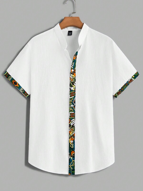 Manfinity VCAY Herren Gewebtes Freizeithemd mit Patchwork Muster, Kurzarm-Knopfleiste Hemd für Urlaub, Strand, Freund Geschenk