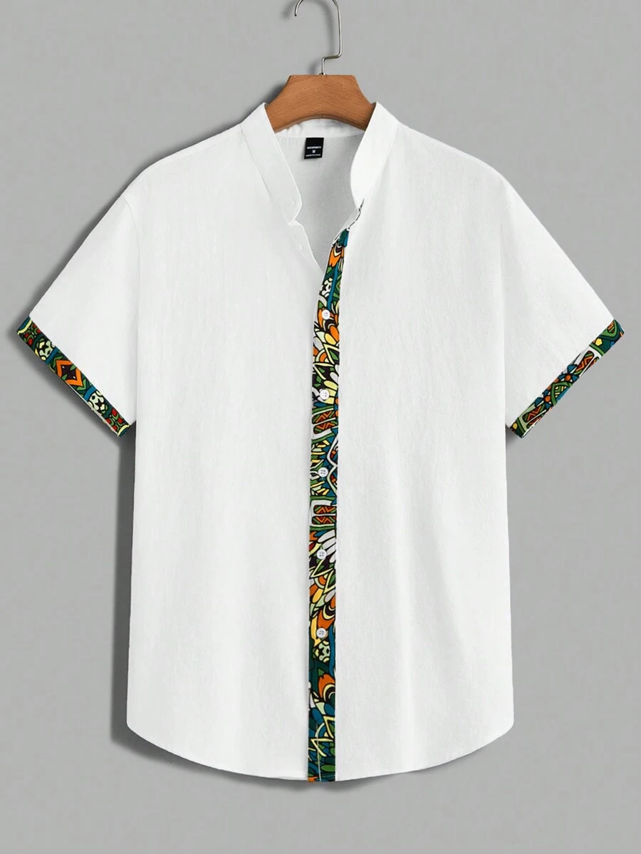 Manfinity VCAY 男款編織拼接印花休閒襯衫，短袖鈕扣襯衫，適用於度假海灘男友禮物 - 白色 - 查看 1