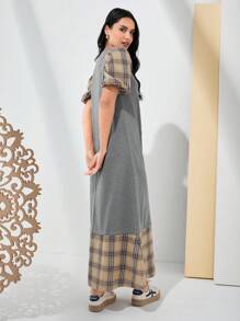 Seusyu 女性字母印花拼接格紋阿巴亞長袍連衣裙