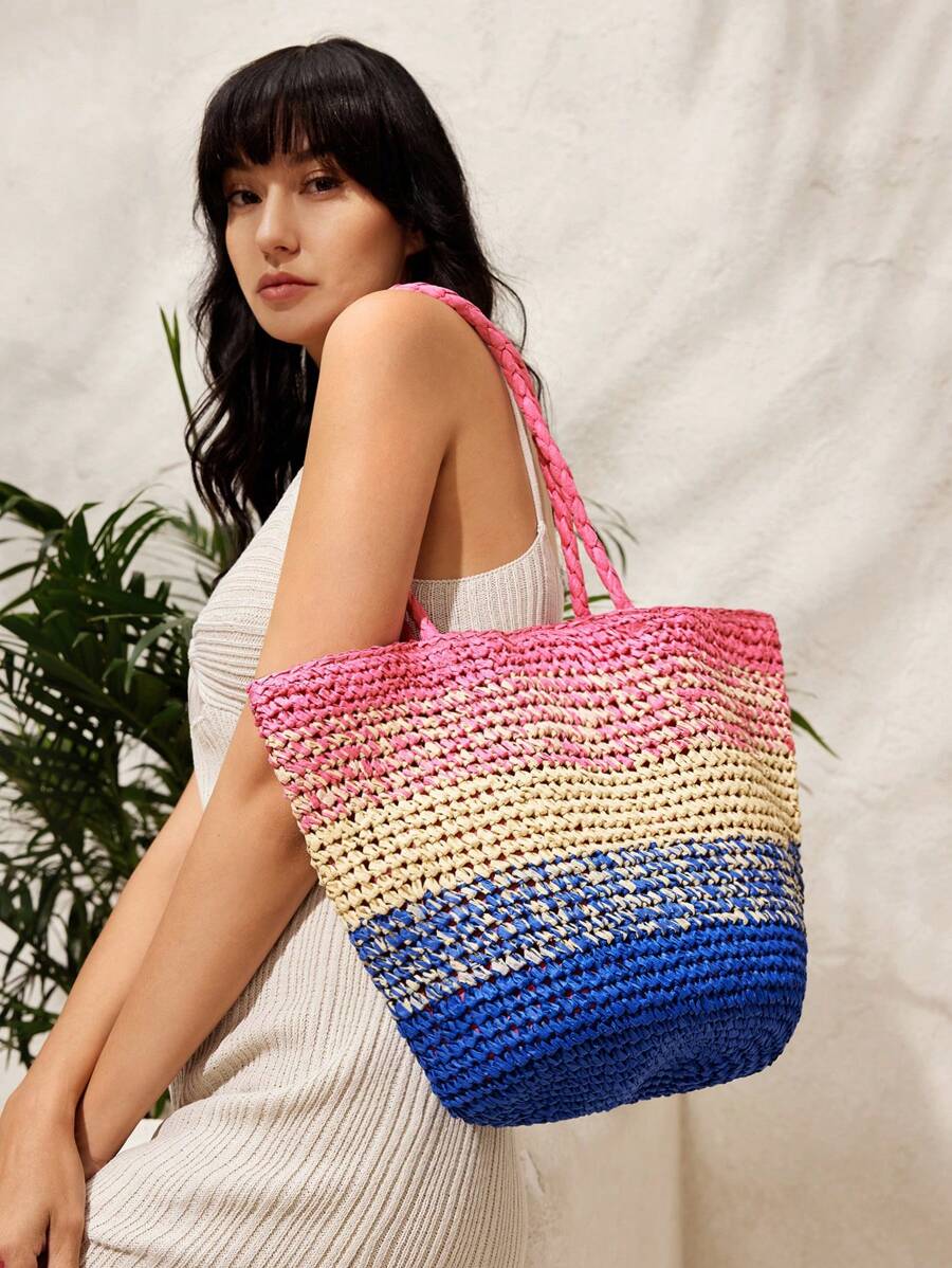 SHEIN VCAY Bolsa Grande De Moda Para Mujer Con Diseño De Bloque De Color - Multicolor - Ver 1