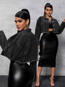SHEIN SXY Flap Detail And Frayed Hem Decorated Denim Jacket