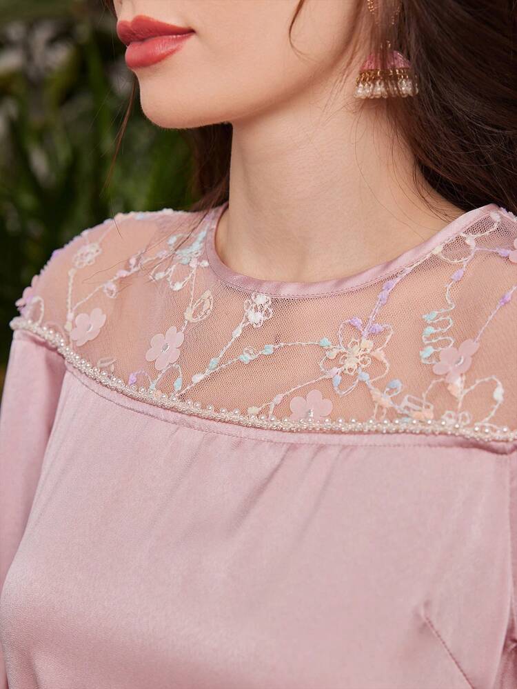 Women's Patchwork Floral Embroidery Mesh See Through Long Turkish Tunic With Slit Sleeves Kaftan Jalabiya Dress