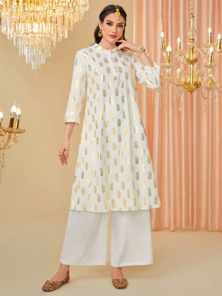 Divindia Women's Kurta Robe With Metallic Printed Design Style Indian - White - View 3