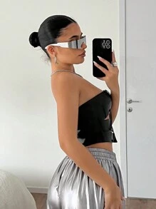 SHEIN ICON Top De Poliuretano Con Corsé Negro Sin Tirantes Y Diseño De Cintura - Negro - Ver 4