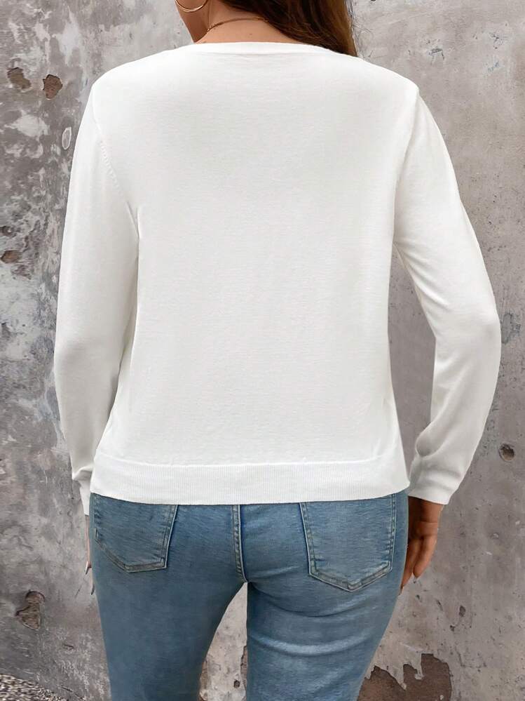 EMERY ROSE 大码女式纽扣圆领开衫，适合冬季 - 白色 - 查看 2