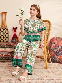 SHEIN 少女寬鬆可愛假期花卉圓領襯衫和褲子套裝 - 綠色 - 查看 6