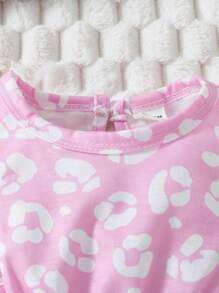SHEIN Baby Girl's 3pcs Lovely Flower & Leopard Print Ruffle Design Bodysuit Set, Casual And Versatile