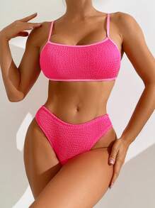 SHEIN Swim Women's Textured Fine Strap Bikini Set, Two-Piece Bikini Set Summer Beach - Hot Pink - View 3
