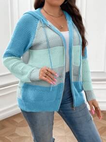 SHEIN LUNE Plus Size Women's Color Block Zipper Front Cardigan