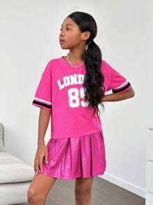 Modische Kurzarm Rundhals Oberseite Und A-linien-rock, Solide Farbe Für Sportlichen Look, Geeignet Für Tween Mädchen - Heißes Pink - Übersicht 3