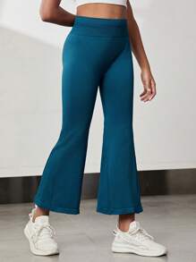 SHEIN Tween Girls' Workout High Waisted Flared Pants With Stretchy Fabric - Blue - View 3