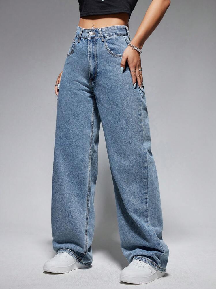 SHEIN EZwear レディース ロングデニムパンツ 古着風 ゆったりサイズ 