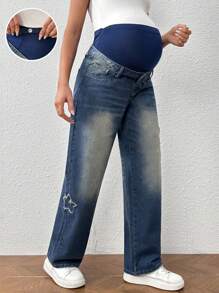 SHEIN Maternity Star Patch Belly Support Denim Jeans - Dark Wash - View 1