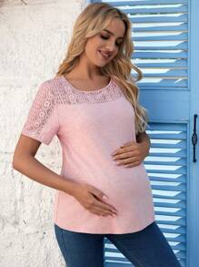 SHEIN Maternity Lace Splice Round Neck T-Shirt - Pink - View 4