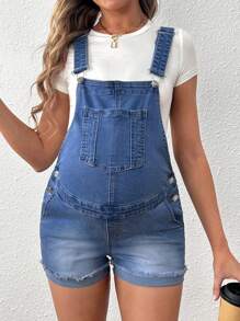 SHEIN Maternity Solid Color Pocket Decor Denim Overalls Shorts