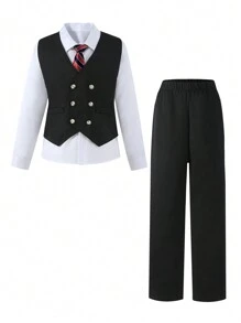 2pcs Tween Boys' Gentleman Suit - Solid Color Double-Breasted Vest And Pants With Tie, Ideal For Birthday Party, Evening Performance, Wedding, Christening, 1st Birthday
