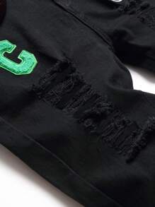Men Letter Patch Detail Ripped Jeans Without Belt - Black - View 3