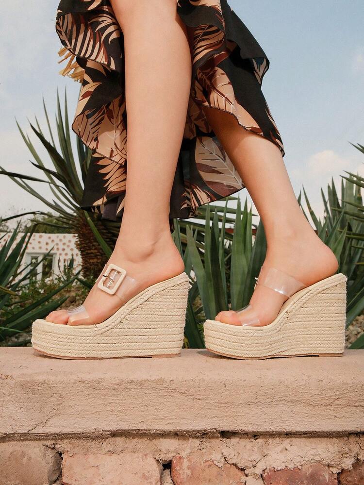 Women's Fashionable Simple BohemiabeachVacation Transparent Pvc Wedge Thick-Soled Sandals