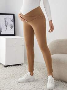 SHEIN 孕妇不对称腰部纯色紧身裤 - 卡其色 - 查看 5