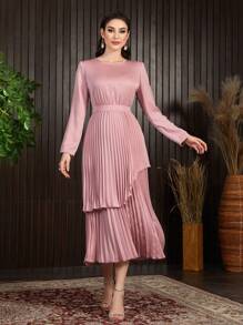 Modelyn Round Neck Long Sleeve Double Layer Pleated Hem Dress Long Evening Dresses - Pink - View 3