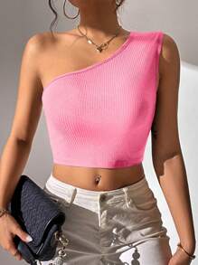 Allurite Women's One Shoulder Hollow Out Back Crop Top - Pink - View 5
