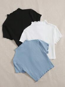SHEIN EZwear Women T-Shirts Lettuce Trim Rib-Knit Plain Casual - Dusty Blue - View 2