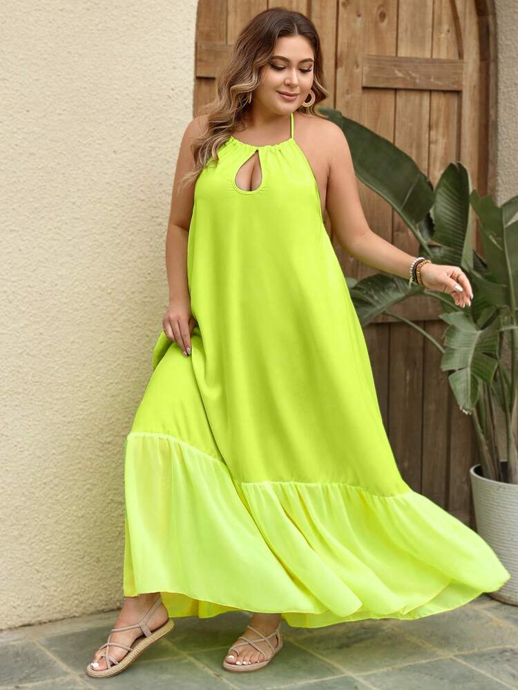 Plus Size Backless Halter Neck Dress With Cutout Front And Knot Detail