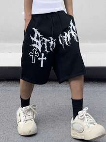 Manfinity EMRG 男款字母與十字印花牛仔短褲 - 黑色 - 查看 6