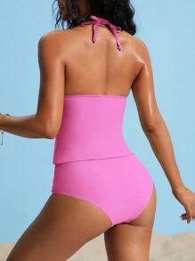 SHEIN Swim Ladies' Halter Neck Frill Trim Tankini Summer - Baby Pink - View 2