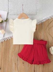 SHEIN Top De Corazón Y Letra Para Niñas Jóvenes Y Shorts De Color Sólido 2 Piezas/set - Rojo - Ver 2