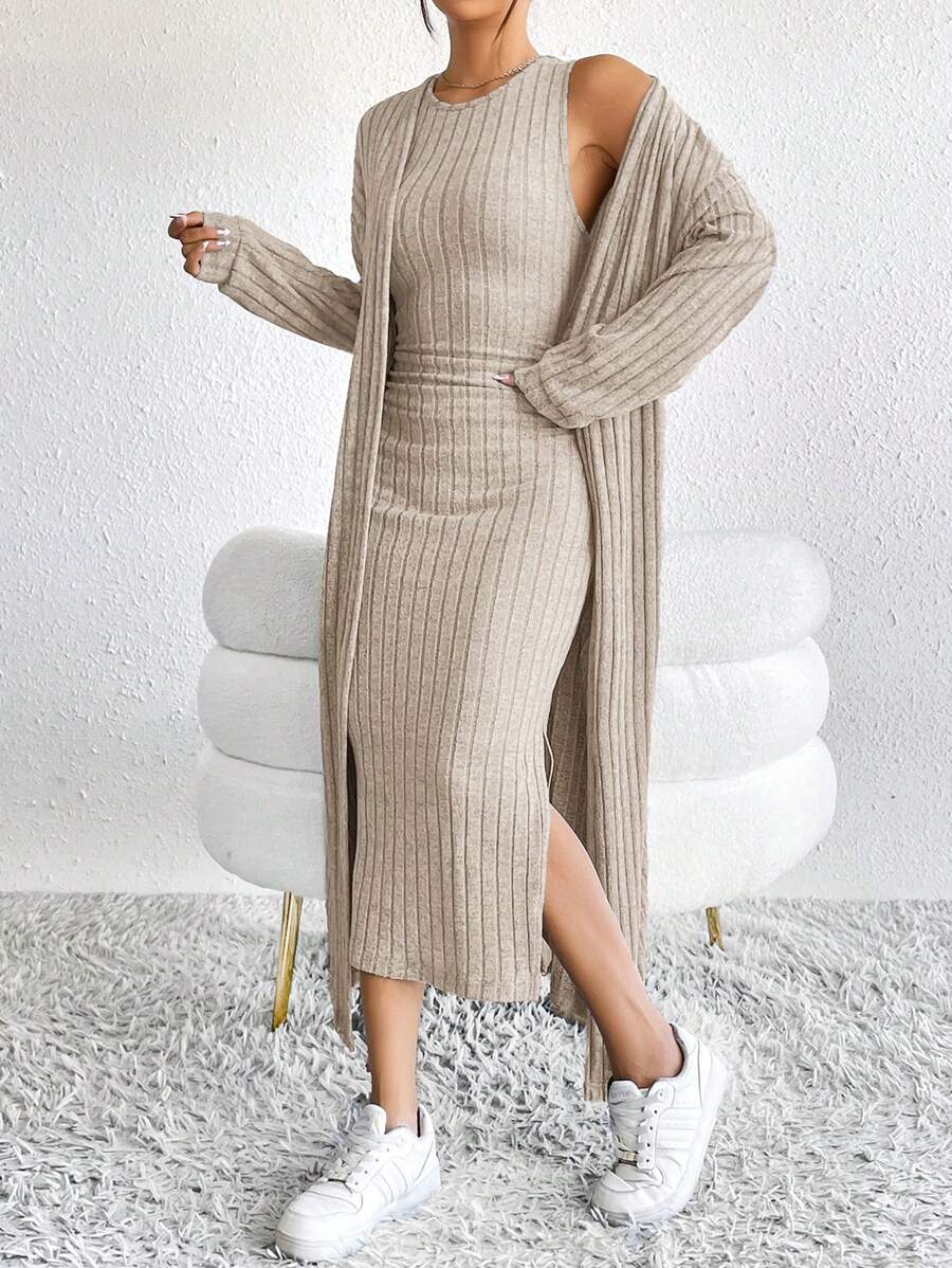 Women Long Sleeve Long Cardigan And Side Slit Sleeveless Dress Knit 2 Pieces Set - Apricot - View 1