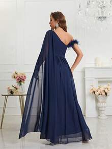 Sequin & Faux Fur Splice Cape Sleeve Chiffon Party Dress - Navy Blue - View 2
