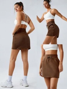 GLOWMODE Everyday Fleece Adjustable Drawstring Pocket Mini A-Line Skirt Daily - Brown - View 7