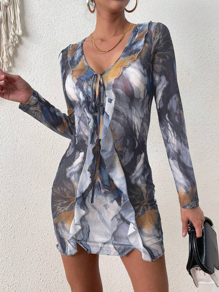 V-Neck Floral Print Long Sleeve Mini Dress