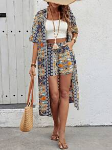 SHEIN LUNE Women's Floral Print Open Front Jacket And Shorts Set - Navy Blue - View 4