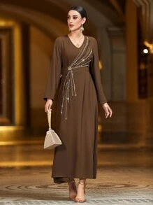 Modelyn Cà phê Làm thủ công Kết cườm Eo Kẹp chặt Đầm - Cà phê - Xem 6