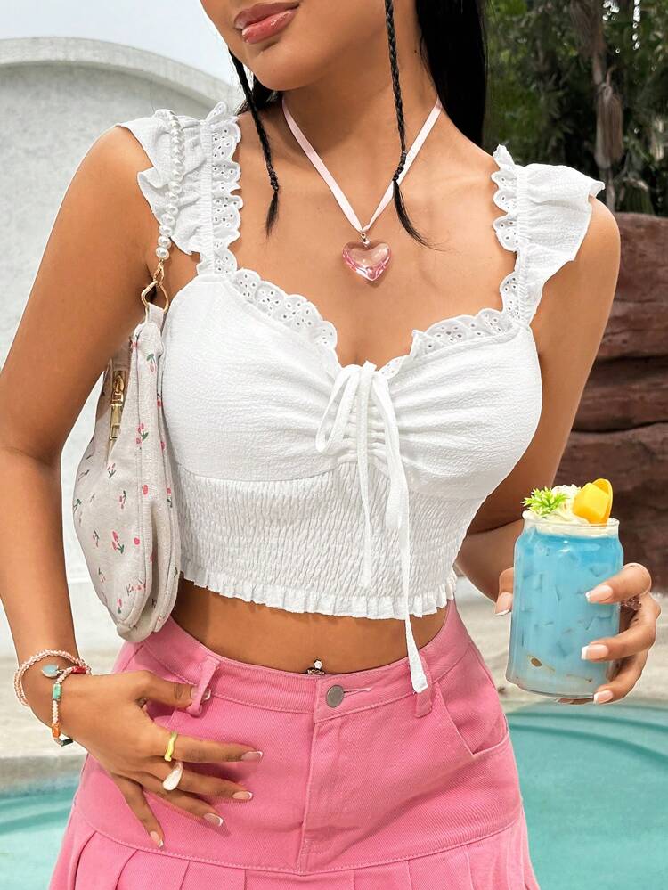 Flounce Trim Knot Front Wrap Crop Top With Shirred Panel