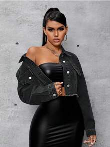 SHEIN SXY Flap Detail And Frayed Hem Decorated Denim Jacket