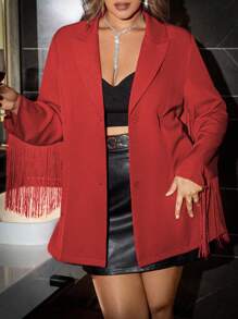 Allurite Blazer De Solido Color Con Solapa De Borlas Para Talla Grande - Rojo - Ver 3