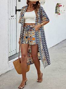 SHEIN LUNE Women's Floral Print Open Front Jacket And Shorts Set - Navy Blue - View 1