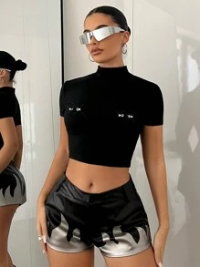 SHEIN ICON 女士修身短袖t恤,前面鑲嵌金屬圓釘裝飾,領口矮插領 - 黑色 - 查看 2