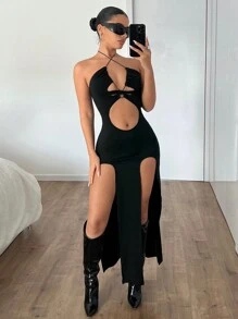 SHEIN ICON Đầm bodycon hở lưng buộc eo xẻ cao màu đen cho nữ, Đầm mùa hè cho nữ - màu đen - Xem 1