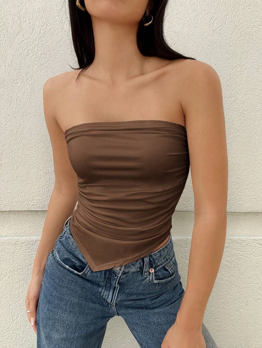 SHEIN Essnce 純色褶皺不對稱下擺無肩帶上衣 - 卡其色 - 查看 1