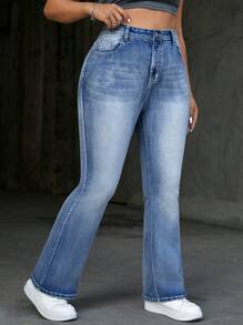 SHEIN EZwear Calça Jeans Elástica Azul Com Estampa Para Tamanhos Grandes, Boca De Sino Para Férias Na Praia E Uso Casual