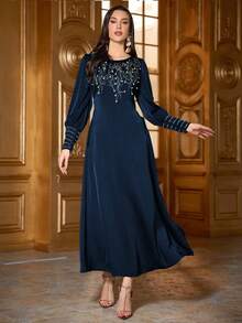 Damska, jednokolorowa, elegancka, długa sukienka arabska z okrągłym dekoltem i długim rękawem, zdobiona kryształkami, perłami i wiązaniem w talii, miękka i wygodna, odpowiednia na festiwale, na co dzień i na co dzień