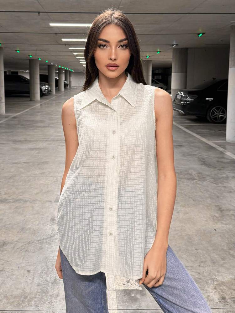 Women's Sleeveless Check Texture Shirt